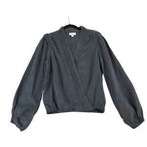 Evereve Womens Charcoal Gray Pleated Surplice V-Neck Balloon Sleeve Blouse Small